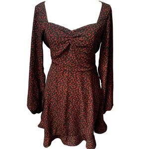 Cottagecore Floral Rose Sweetheart Puff Sleeve Feminine Red Black Mini Dress
